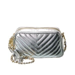 Persaman NY Silver Quilted Purse Leather Crossbody Chain Made in Italy